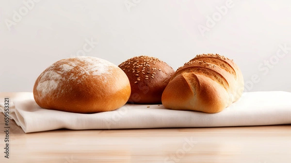 Fototapeta Rye and wheat bread on the table. Fresh mouth-watering bread on a white background. Bread and bakery products on a white linen towel.