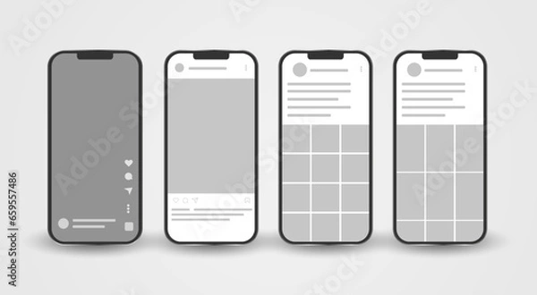 Fototapeta Smartphone mock up with carousel interface post on social network. Social media mobile app page template. Four mobiles for design. Design of the tape profile. Vector illustration
