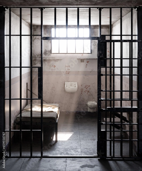 Obraz Sunlight streaming through window of empty prison cell, illuminating the bed