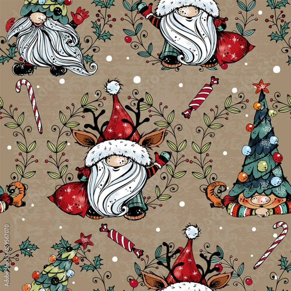Fototapeta Christmas seamless pattern with cute Nordic gnomes. Vector.