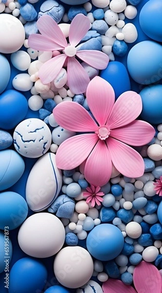 Fototapeta Pink Daisy on the ground full of colorful rocks