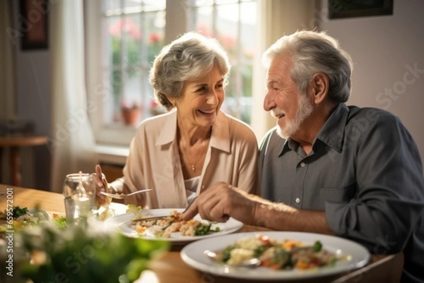 Fototapeta Food, retirement and a senior couple in an assisted living home while eating a meal for nutrition. Cute, love or smile with a happy elderly man feeding his wife in the dining room of a house