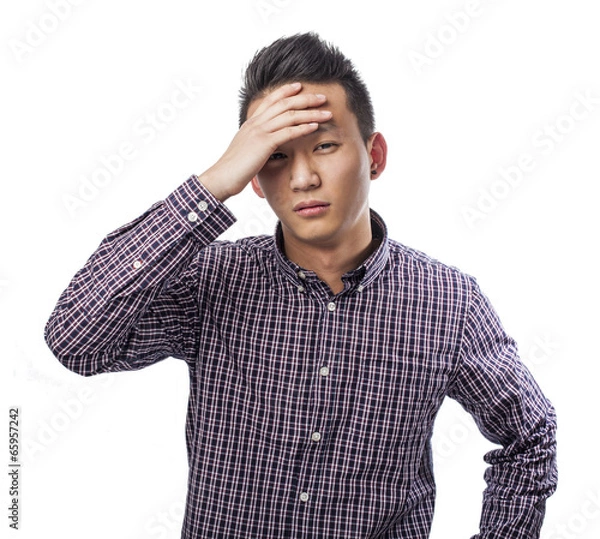 Obraz young asian man with problems, worry gesture