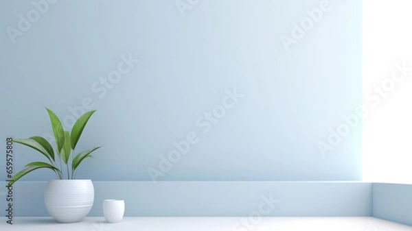 Fototapeta Light blue background with green flower in vase for product, business presentation, mockup template abstraction, backdrop