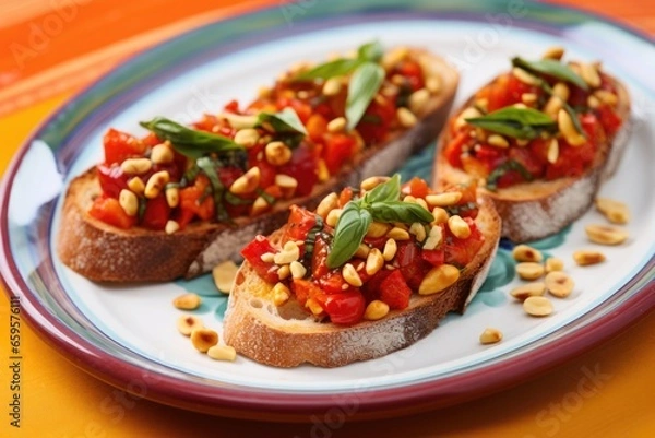 Fototapeta sun-dried tomato bruschetta sprinkled with pine nuts on a colorful dish