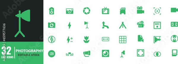 Fototapeta Photographer line  icon set. Lens, camera, memory card, photo album, tripod, shutter, camcorder, film. Editable Stroke.
