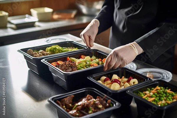 Fototapeta Chef's hands making service food parcel for delivery.