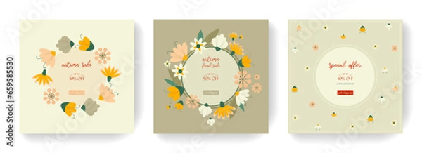 Fototapeta Pastel abstract square templates with floral and geometric elements. Autumn sales templates with flowers. Use it in social networks, mobile applications, banner design and advertising on the Internet.