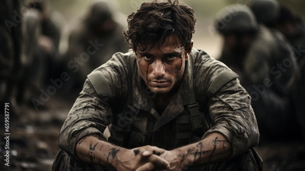 Obraz Closeup portrait of an injured soldier's face with a thousand-yard stare.
