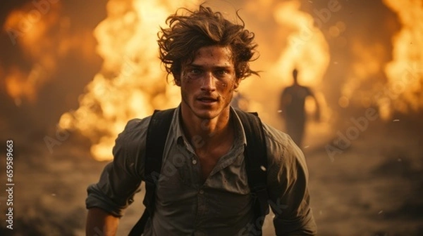 Fototapeta  An Israeli man walking cautiously in front of a raging fire, seeking safety from a possible explosion