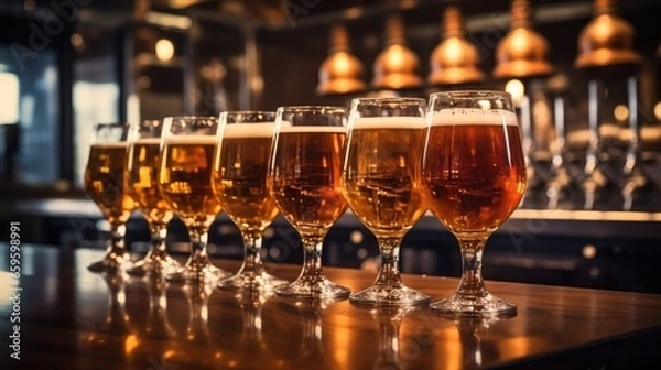 Fototapeta Variety of craft beer arranged in a row on counter bar in a pub.