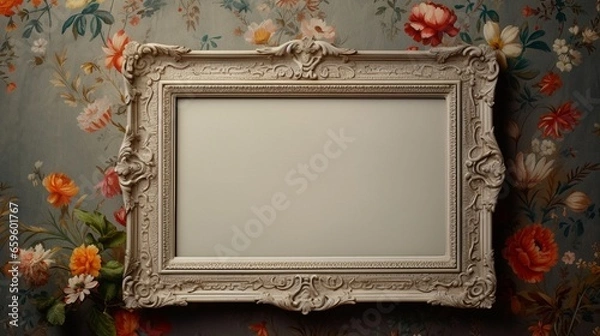 Fototapeta A blank frame on a wall covered in silk with embroidered patterns.
