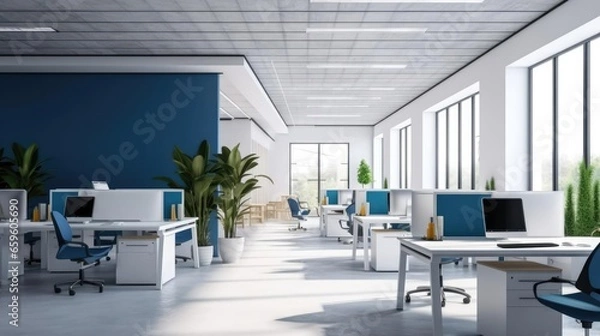 Obraz Modern white and blue open space office interior 