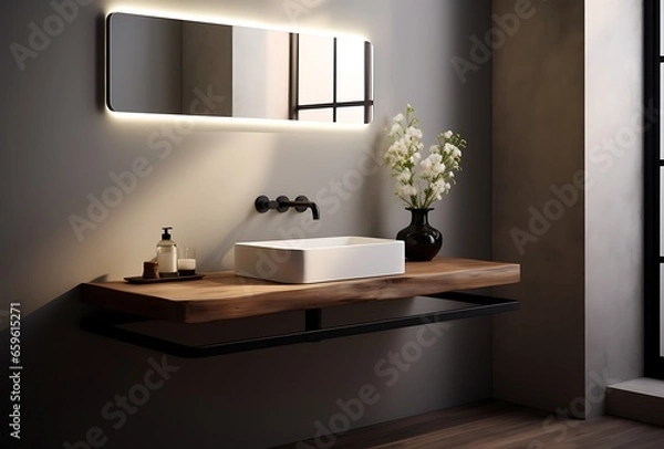 Obraz Interior of modern bathroom with dark gray walls, wooden floor, comfortable white bathtub and round sink. 3d rendering