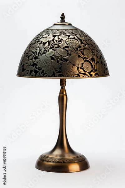 Fototapeta Retro brass table lamp with detailed engraving isolated on a white background 