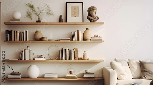Fototapeta  a living room with a white couch and a book shelf.  generative ai