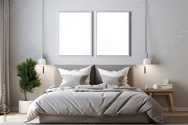 Fototapeta modern bedroom with white pictures