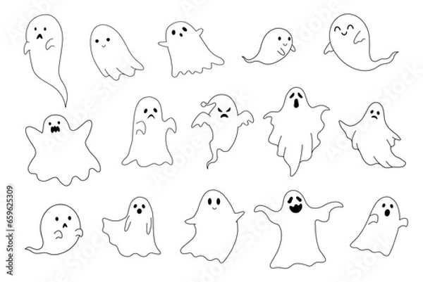 Obraz Vector Set of Halloween Ghosts Line Art, Evil Spirits Illustration, Hand drawn, Cute Ghosts, Kawaii Ghosts, Cartoon Ghost Bundle