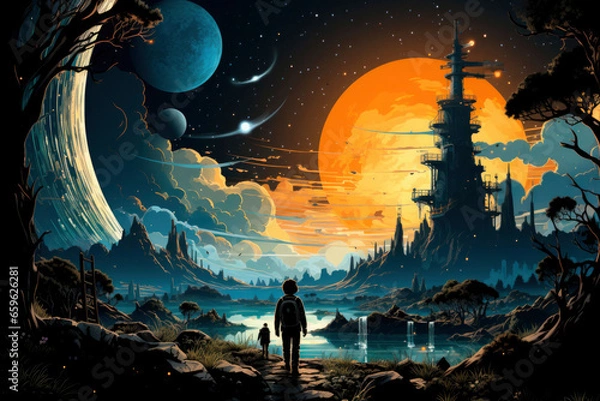 Fototapeta In this awe-inspiring scene, children become cosmic explorers, making it a fitting illustration for a children's space adventure book.