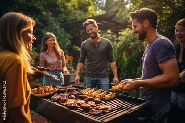 Fototapeta a group of people standing around a barbecue grill with food on it