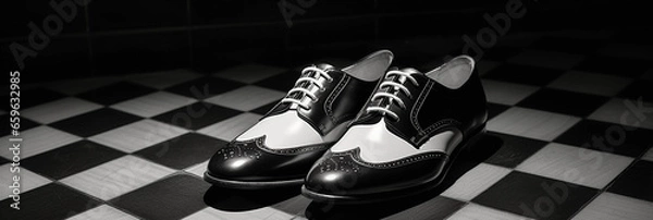 Fototapeta pair of classic black and white saddle shoes, placed on a vintage tiled floor