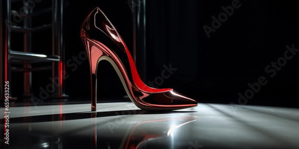 Fototapeta a single elegant red stiletto heel, standing on a glass surface, reflective, dramatic studio lights creating long shadows
