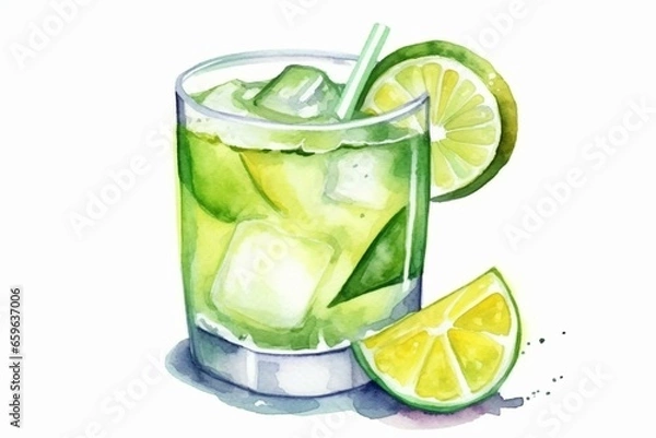Fototapeta Watercolor margarita drink with lime, isolated on white background. Watercolour cocktail illustration. Generative AI