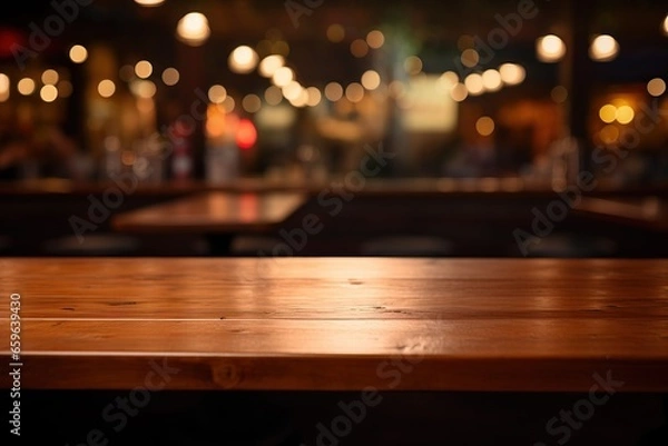 Fototapeta empty wooden table with blurred cafe bar background, product display background