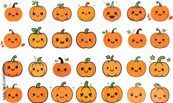 Fototapeta Mega bundle of vector cute pumpkins expression graphic elements, for autumn season, thanksgiving banner decoration. Isolated on a white background.