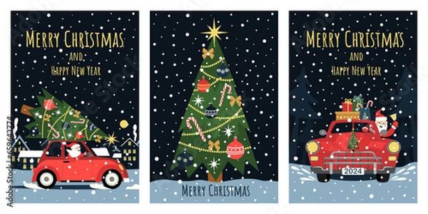 Obraz A set of cards with a picture of a Christmas tree and Santa Claus riding in a car.