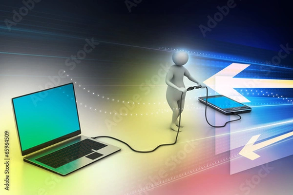 Fototapeta 3d man connecting laptop and mobile