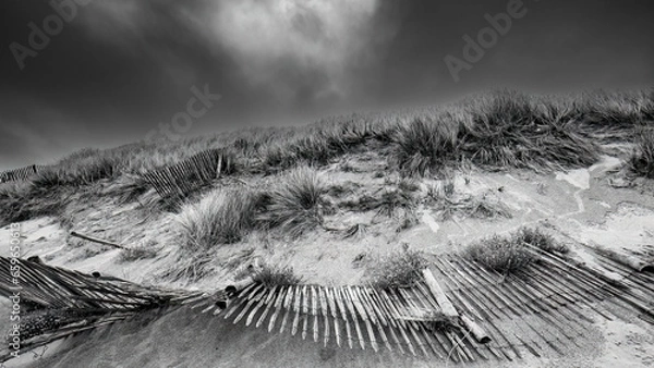 Obraz Beach Landscape with dune and a fence on land, in Black and White.