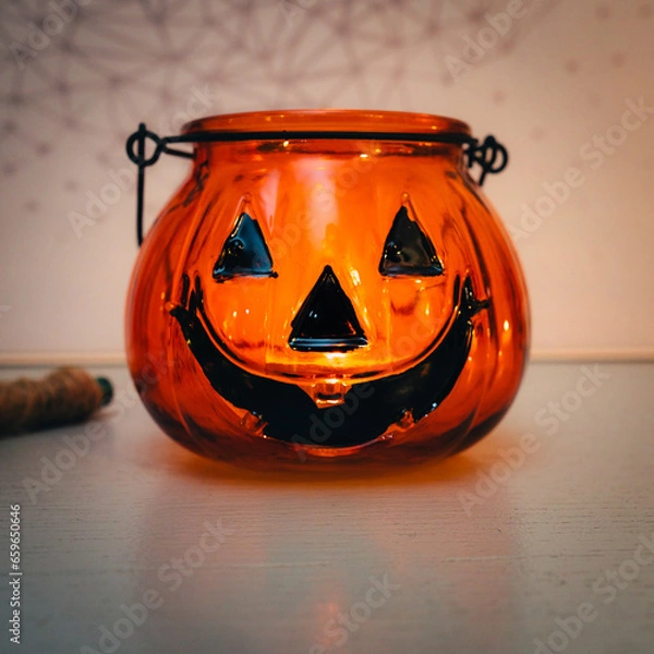 Obraz Decoration for Halloween. Close up view of an orange pumpkin shaped glass.