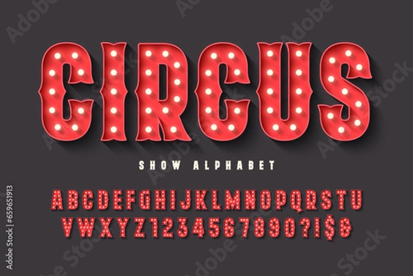 Obraz Retro circus alphabet design, cabaret, LED lamps letters and numbers.