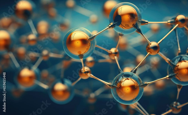 Fototapeta Molecule structure on blue background. 3d render illustration.