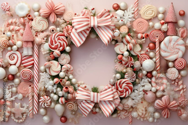 Obraz A festive wreath adorned with various Christmas candies, striped bows, and holiday ornaments.