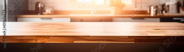Fototapeta Beautiful empty brown wooden table top with the background blurred defocused of a modern kitchen interior with daylight flare and product montage display. Generative AI