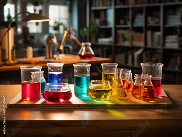 Fototapeta chemistry lab, multiple glass beakers containing colorful liquids on a wooden table, soft overhead lighting creating a reflective ambiance, lab instruments in the foreground