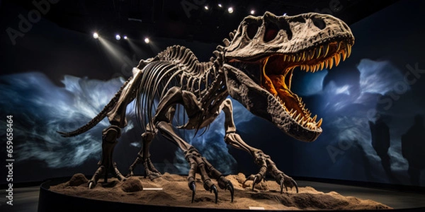 Fototapeta natural history museum, life - size Tyrannosaurus Rex skeleton centerpiece, softly lit with spotlight