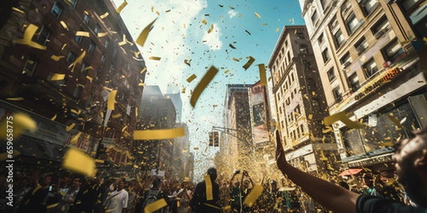 Fototapeta New York City ticker - tape parade, confetti falling, focus on a key float