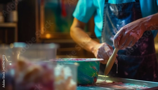 Fototapeta A skilled man prepares homemade food with creativity and skill generated by AI