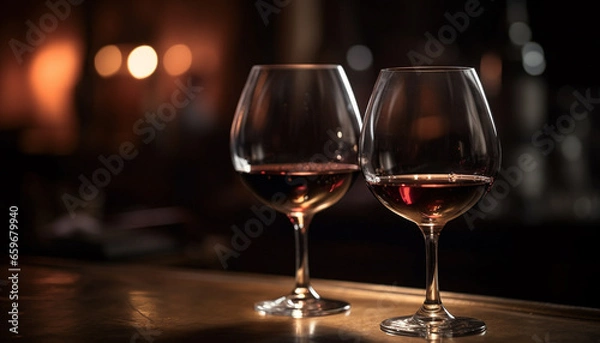 Fototapeta Luxury celebration red wine, cabernet sauvignon grape, crystal glass, illuminated generated by AI