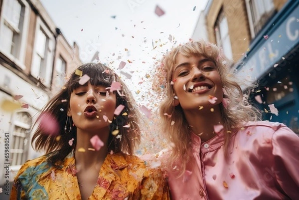 Fototapeta Two women standing next to each other under confetti positive and fun vibes