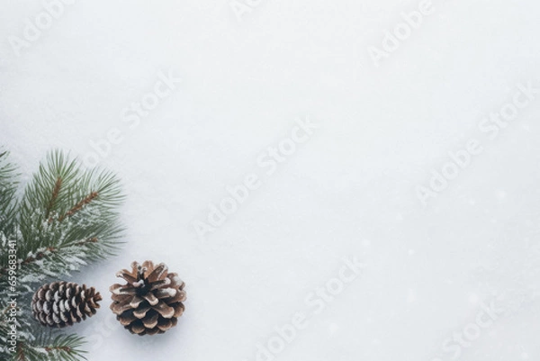 Fototapeta Top view of fir branches with pine cones and snow on grey.