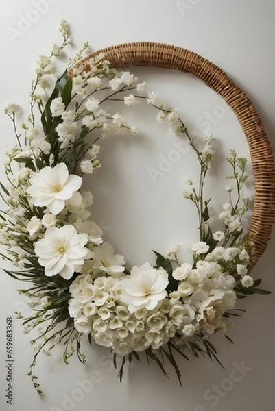 Fototapeta A Captivating Photograph That Showcases A Wicker Circle Adorned With An Arrangement Of Delicate White Flowers Ai Generative