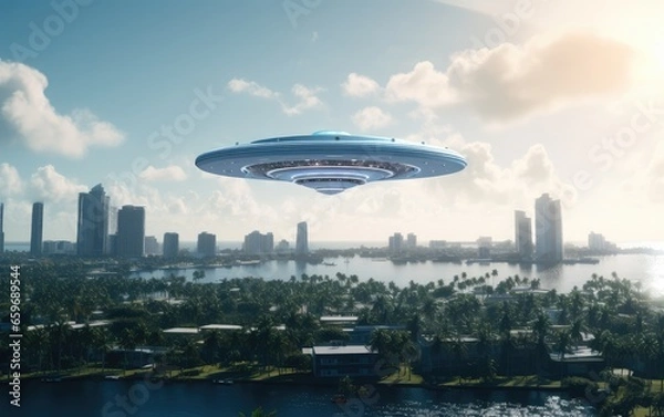 Obraz UFO, alien saucer floating in the air. Unidentified flying object, alien invasion of earth, extraterrestrial life, humanoid spaceship. strangers.