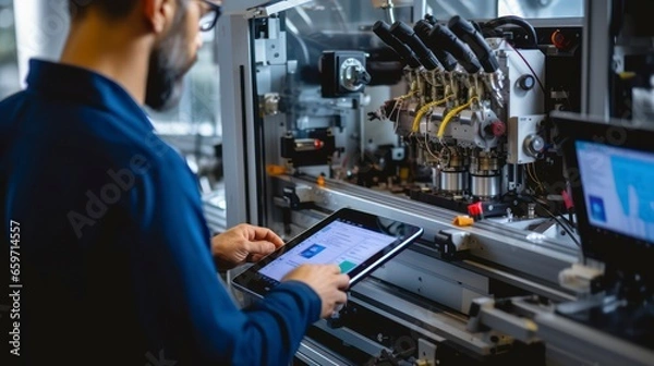Obraz Technicians Operating Machinery with Tablets Represent the Integration of Digital Technology in Modern Manufacturing