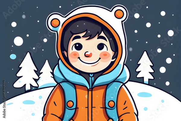 Fototapeta with a big smile, a cute little boy, a snowy, warm outfit, Generative AI