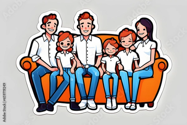 Fototapeta Family photo, smiling broadly, white shirt, jeans, sitting on a chair, Generative AI