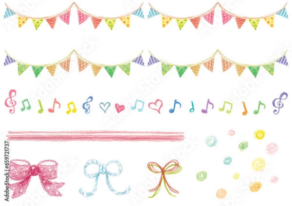 Fototapeta 色鉛筆で描いたカラフルなガーランドや音符やリボンなどのかわいい素材セット